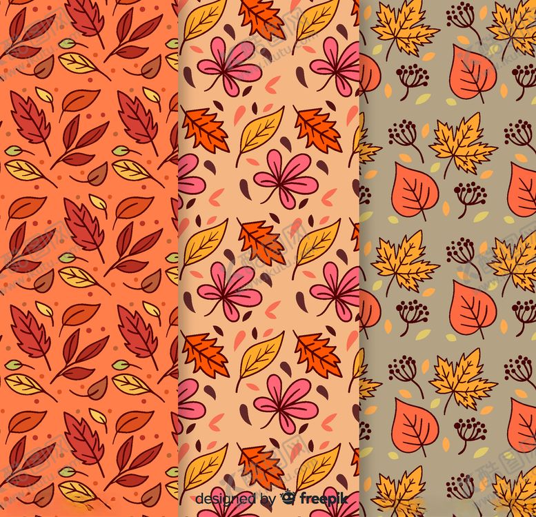 编号：82161510101542121229【酷图网】源文件下载-3款彩色秋季树叶无缝背景
