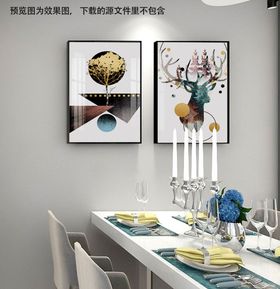 麋鹿风景画金箔三联挂画装饰画