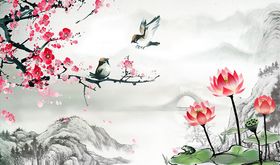 水墨山水梅花荷花背景墙