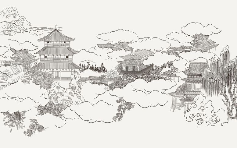 编号：02935409140328053295【酷图网】源文件下载-新中式手绘亭台楼阁壁画背景墙