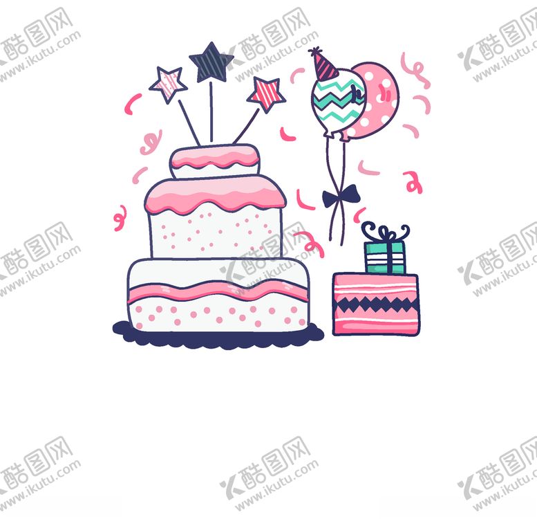 编号：51126310270428234847【酷图网】源文件下载-手绘粉色系生日蛋糕和礼盒