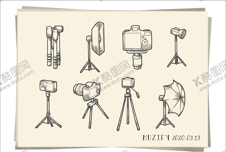 编号：13983010281427488830【酷图网】源文件下载-8款入相机三脚架矢量手绘稿
