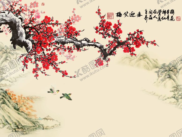编号：92018110180338393546【酷图网】源文件下载-中式梅花山水背景墙