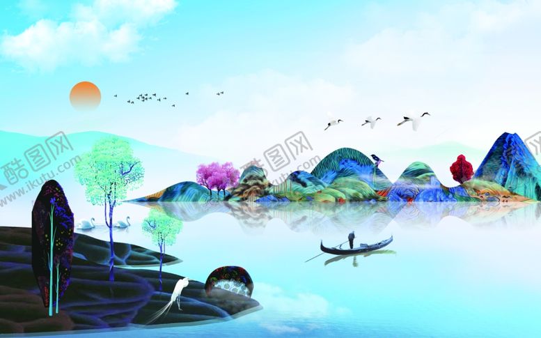 编号：34954010080226487470【酷图网】源文件下载-古风中式色彩水墨墙画墙贴背景