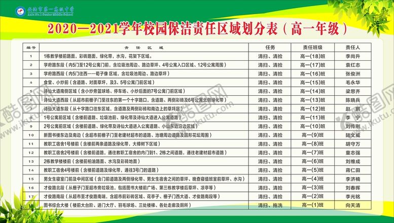 编号：55389101280347375750【酷图网】源文件下载-校园保洁责任区域表