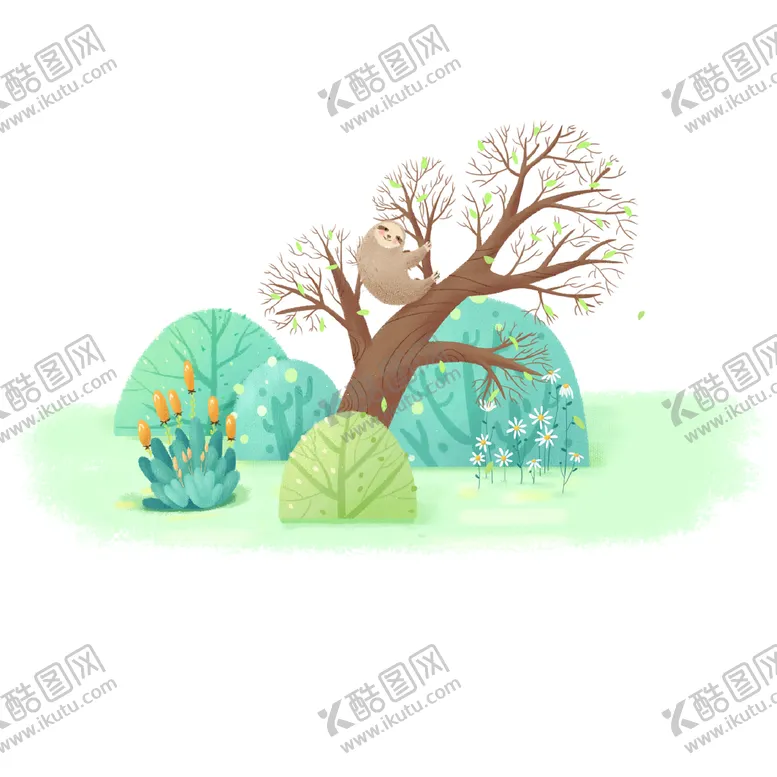 编号：52777610222256505917【酷图网】源文件下载-春天植物树木动物树懒手绘插画