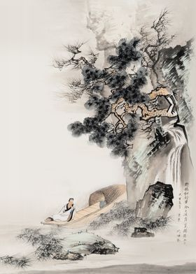 水墨山水画素材抽象小船夕阳