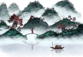 山水建筑传统国风古风插画背景