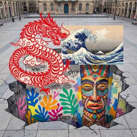 街头3D艺术龙与多彩人脸