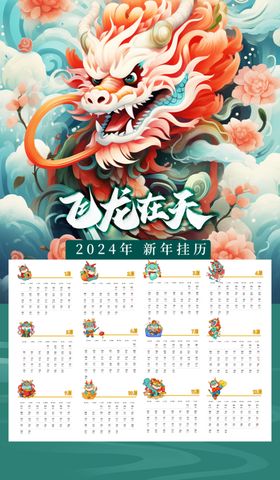 红色2024年挂历日历海报