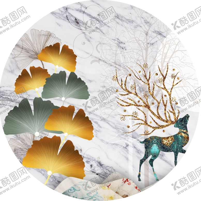 编号：88982701170421099162【酷图网】源文件下载-树叶麋鹿水彩圆形挂画装饰画