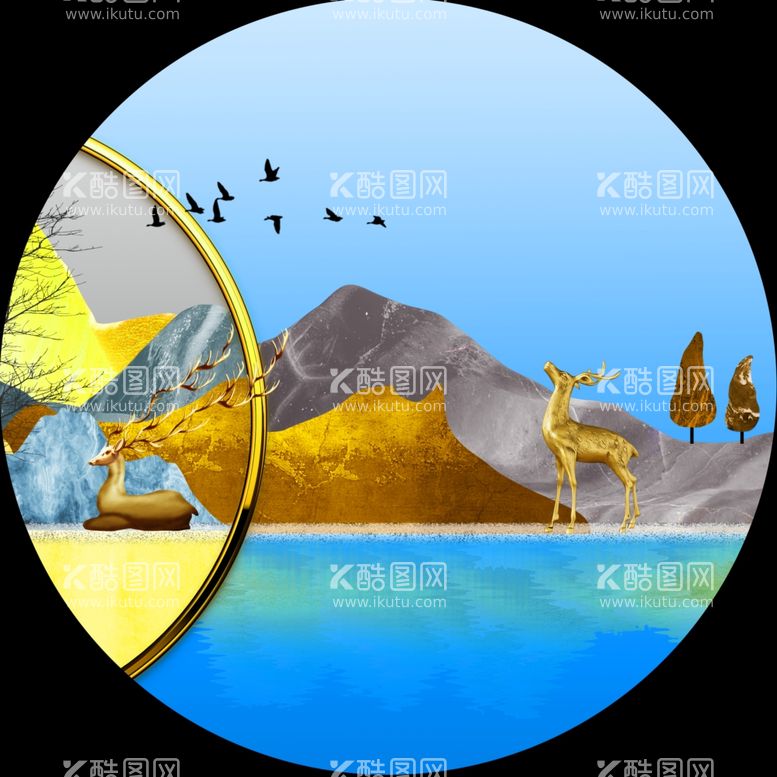 编号：55656212010651482914【酷图网】源文件下载-湖畔麋鹿唯美圆形挂画装饰画