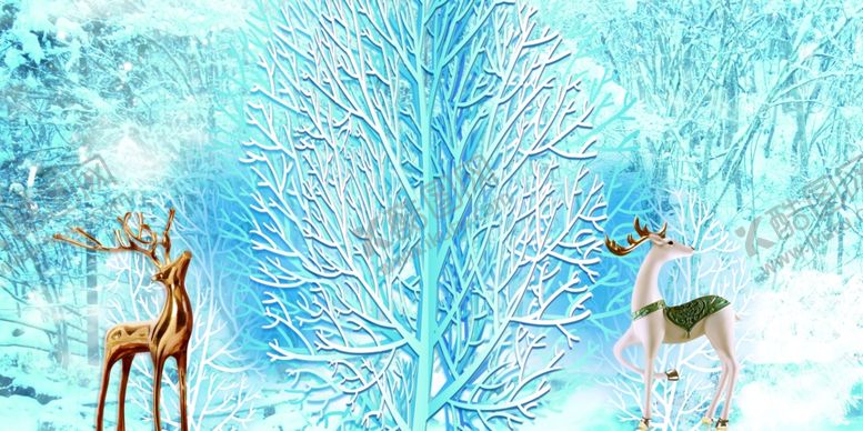 编号：23661410011739156452【酷图网】源文件下载-小鹿金色雪季墙贴壁画背景素材