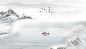 水墨山水小船江边背景墙