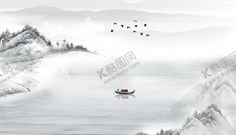 编号：42660505160421543747【酷图网】源文件下载-水墨山水小船江边背景墙