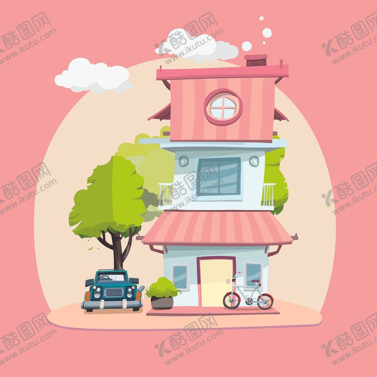 编号：57017607141312537877【酷图网】源文件下载-房屋别墅大树车辆插画
