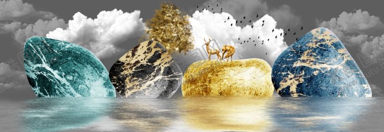 编号：63605910300618224544【酷图网】源文件下载-石头麋鹿风水山水床头画