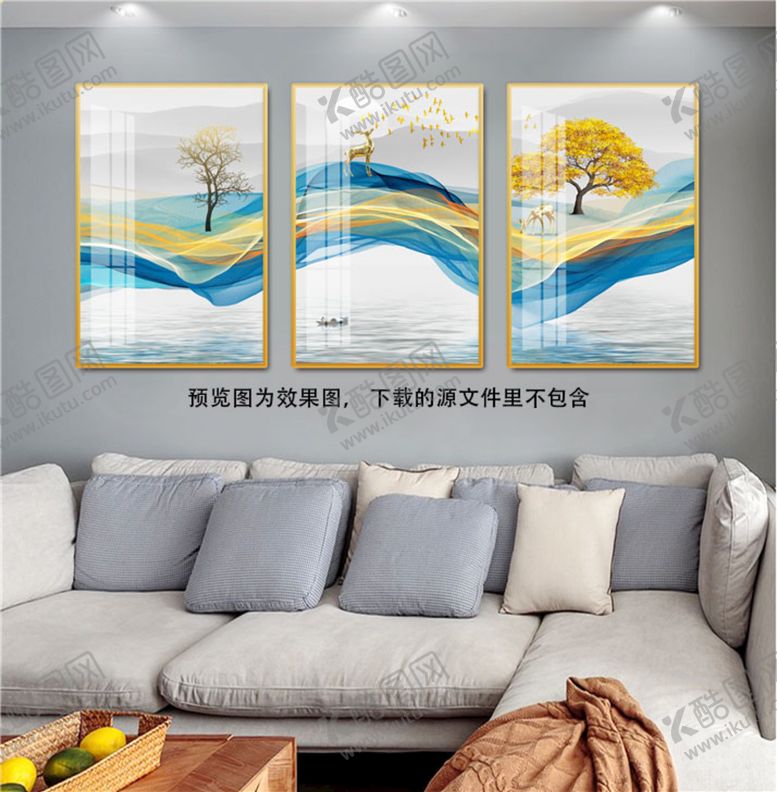 编号：93265109170006232761【酷图网】源文件下载-湖泊发财树唯美三联挂画