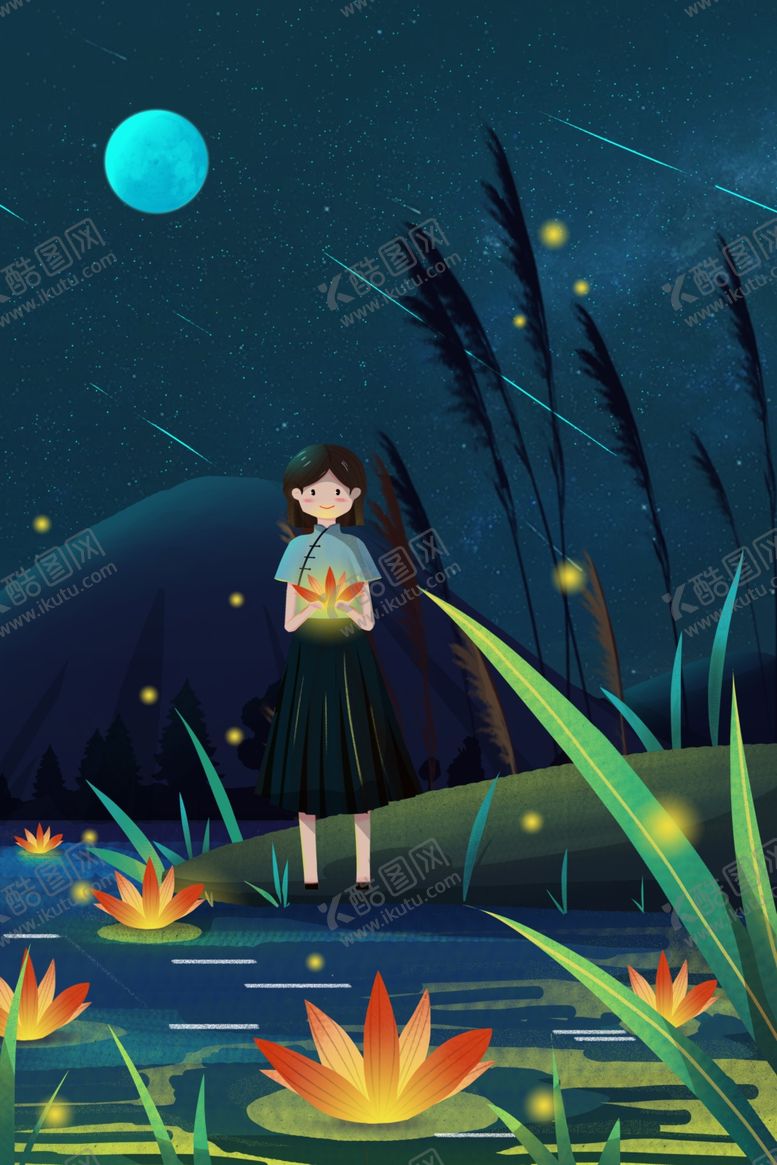 编号：10069805071400136880【酷图网】源文件下载-夏季河流少女人物插画卡通素材
