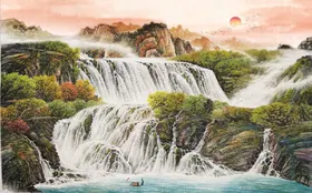 中式青绿瀑布山水国画电视背景墙装饰新风江南