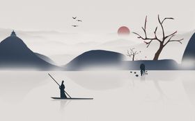 水墨画小船树太阳背景墙