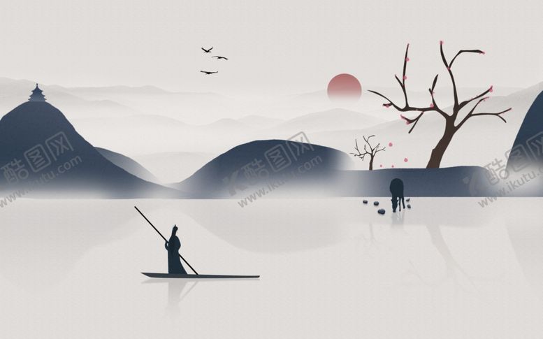 编号：49065010291945575312【酷图网】源文件下载-水墨画小船树太阳背景墙