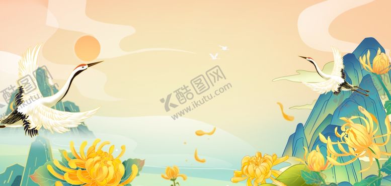 编号：70334311020953406285【酷图网】源文件下载-山水飞鹤浅黄色国潮风秋天背景