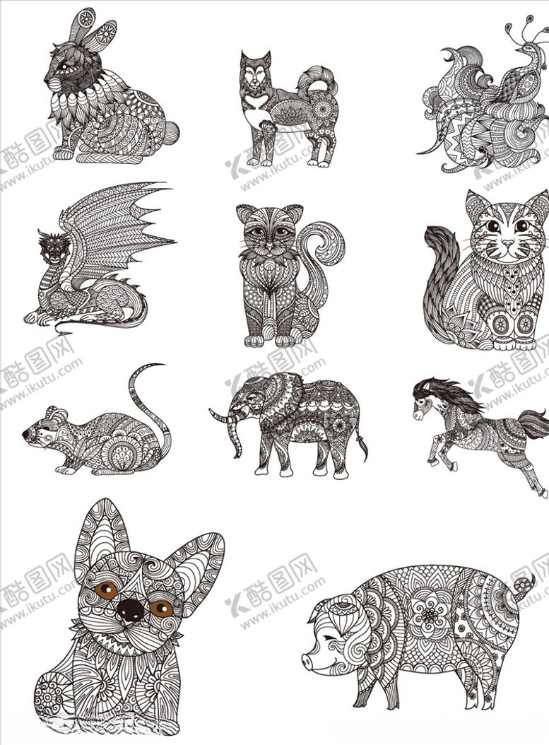 编号：87257009280239506562【酷图网】源文件下载-黑白动物线稿