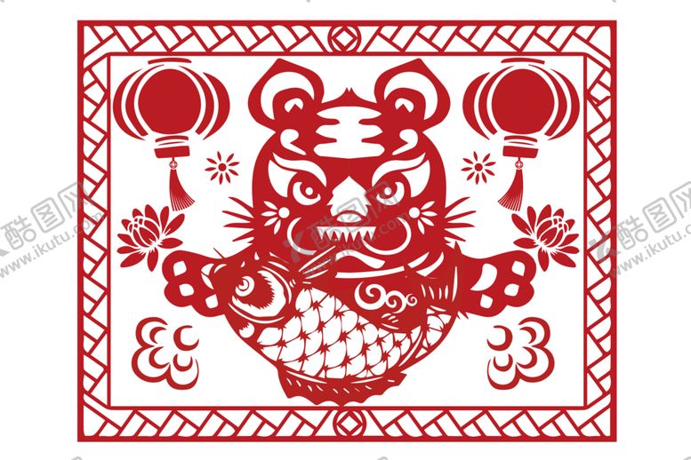 编号：34669502060712222864【酷图网】源文件下载-方形虎年花朵剪纸喜庆边框装饰