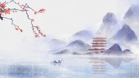 山水梅花水墨插图