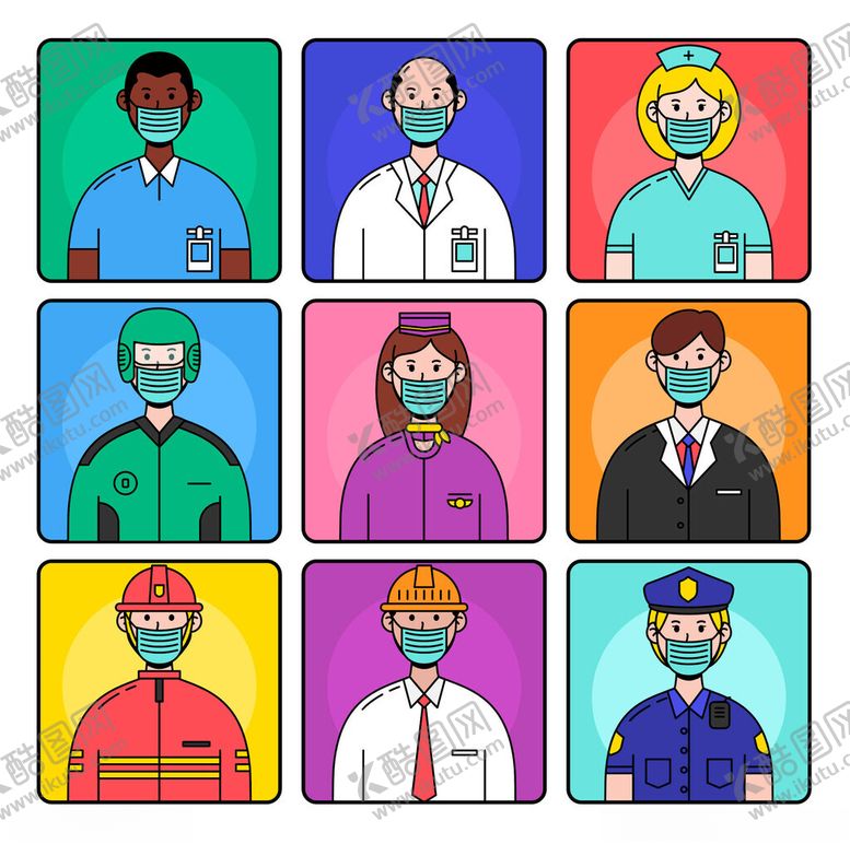 编号：32112804011240253463【酷图网】源文件下载-不同职业人物戴口罩形象
