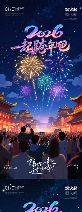 2026新年元旦跨年烟花夜景海报