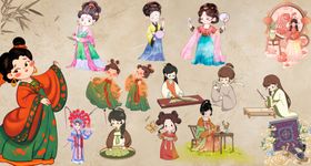 手绘中式汉服古装男女古代人物黑
