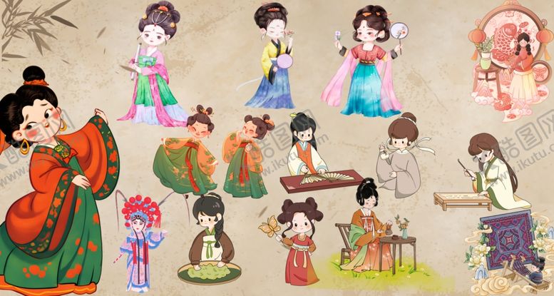 编号：61009407032251471886【酷图网】源文件下载-手绘中式汉服人物非遗古装元素