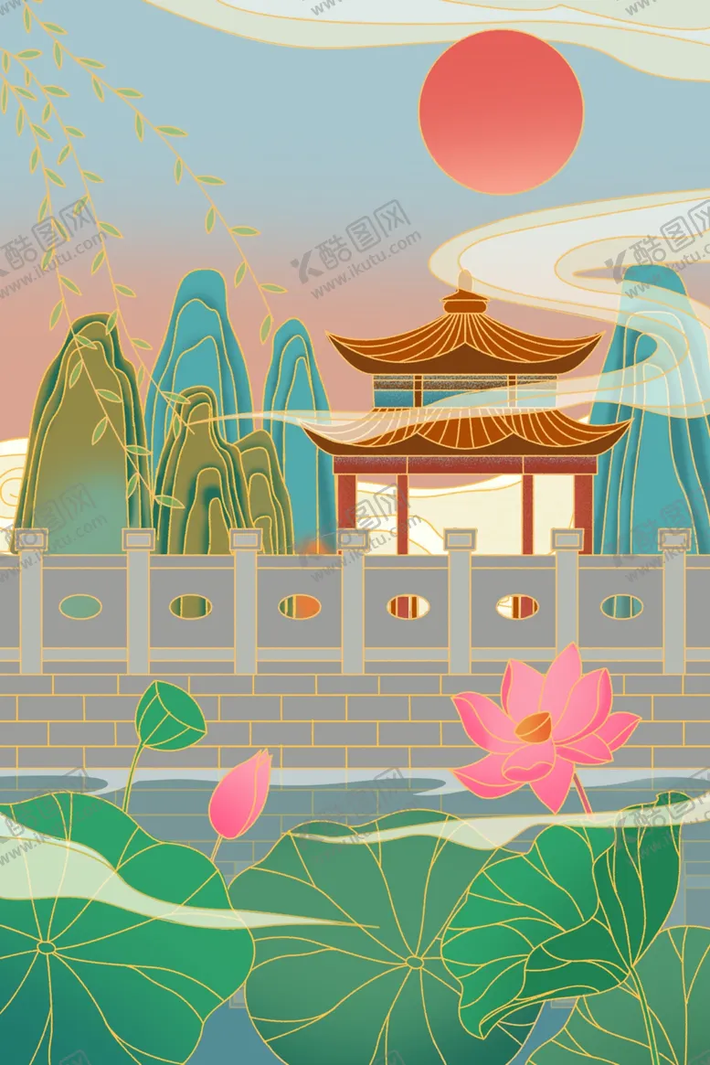 编号：97832102032136113383【酷图网】源文件下载-国潮山水插画