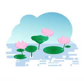 池塘里荷花荷叶插画