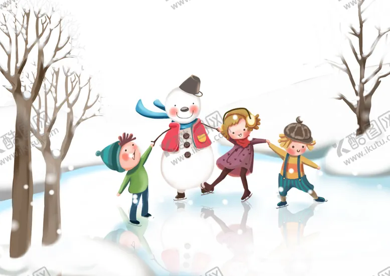 编号：87775201292253472397【酷图网】源文件下载-冰天雪地里滑冰的雪人和小孩
