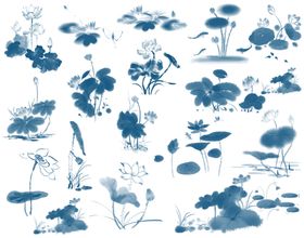 蓝白水墨风花卉植物图案
