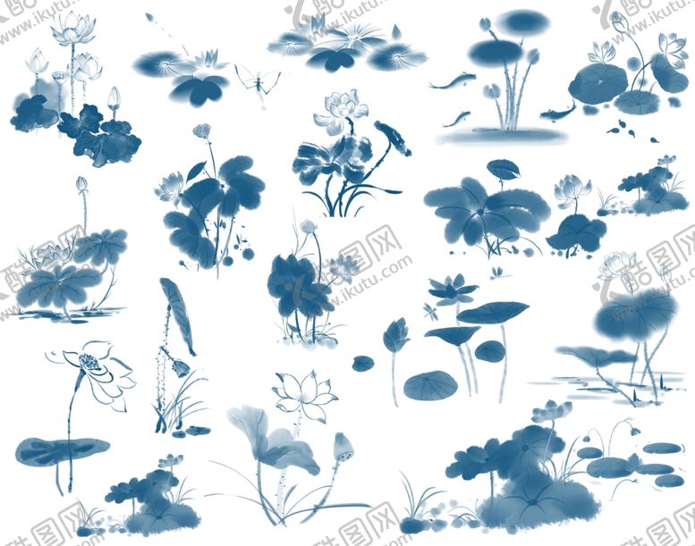 编号：29790704071821208836【酷图网】源文件下载-蓝白水墨风花卉植物图案