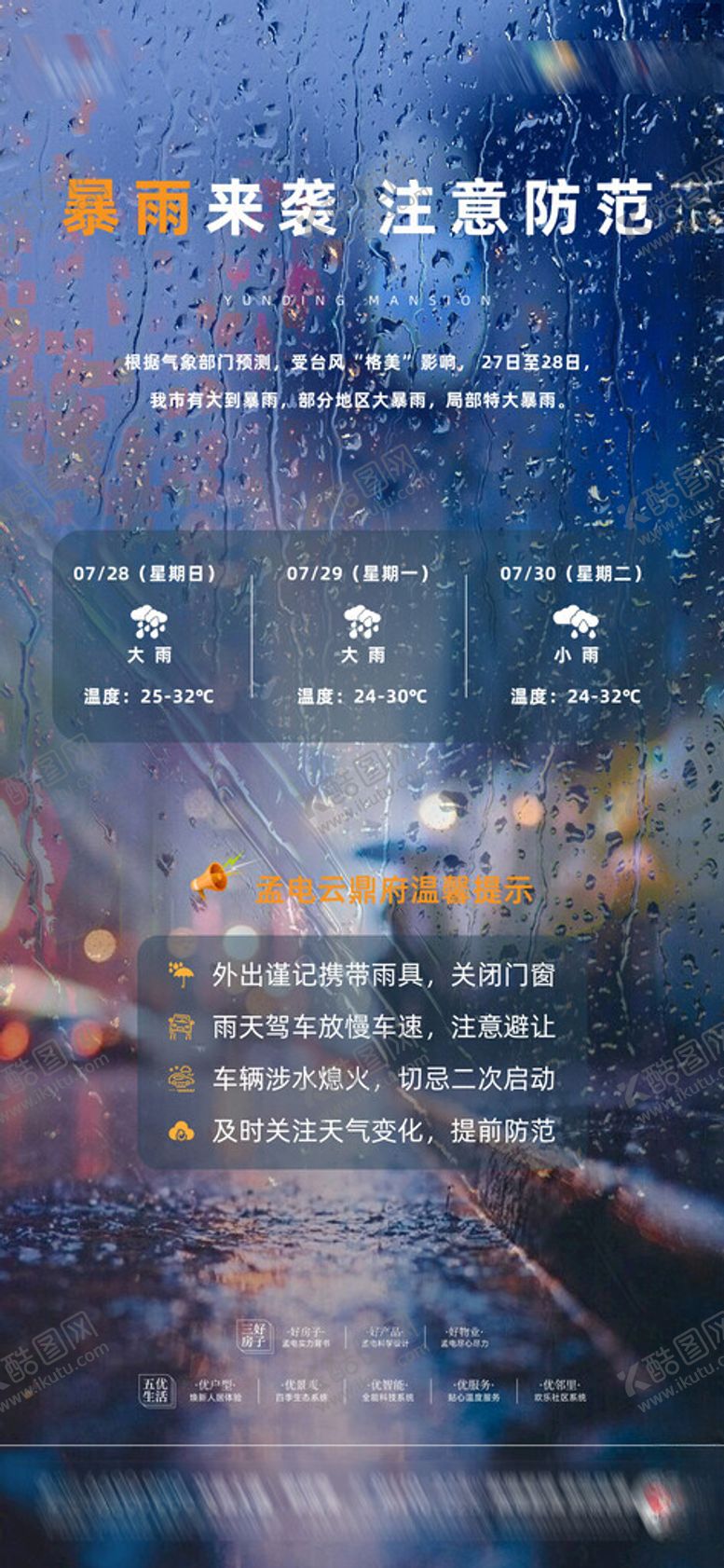 编号：23632502180610329837【酷图网】源文件下载-房地产朋友圈大雨预警海报