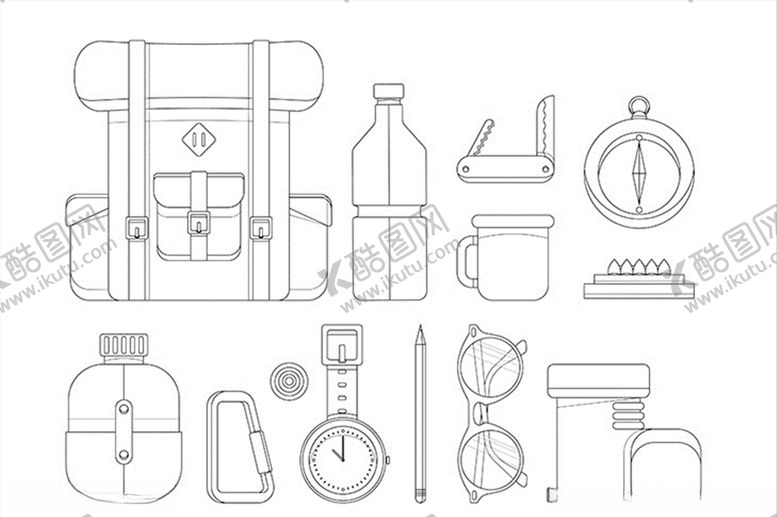编号：65620309160217204594【酷图网】源文件下载-背包探险骑行水杯指南针旅行旅游