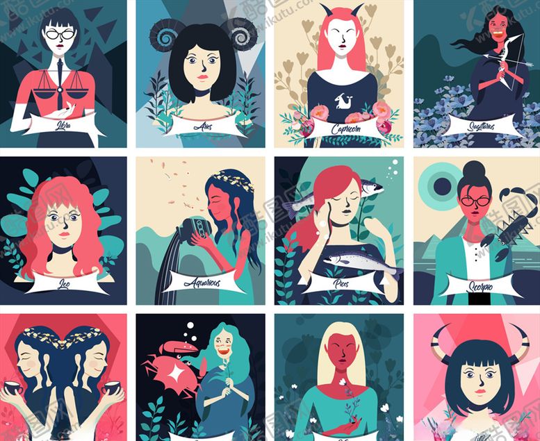 编号：47662310081415125388【酷图网】源文件下载-创意十二星座插画