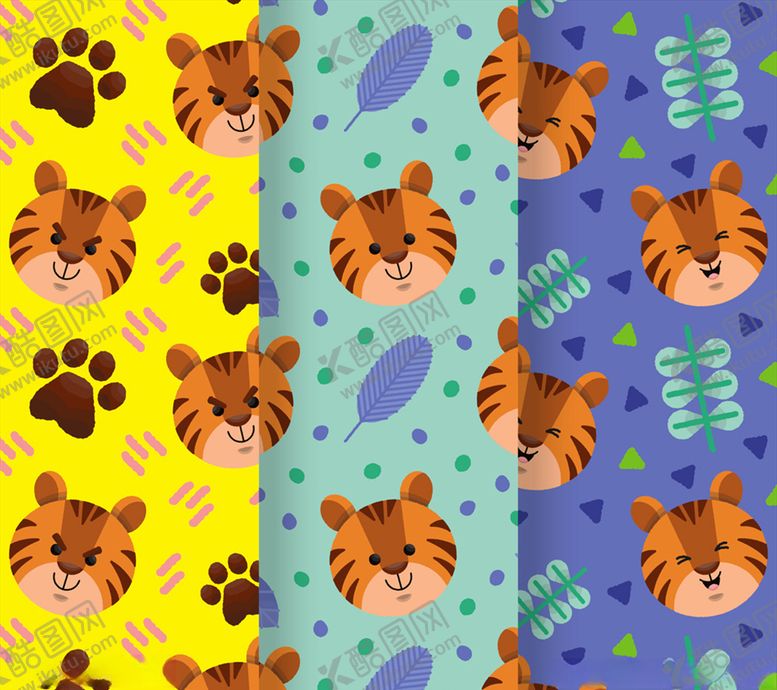 编号：46528409261701536176【酷图网】源文件下载-3款可爱老虎头像无缝背景