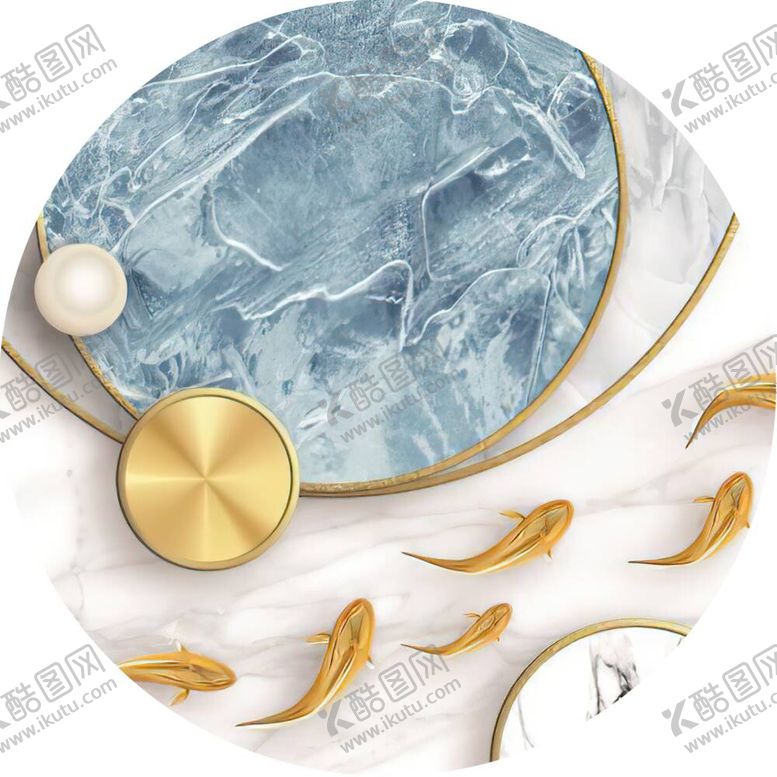 编号：51259312042300343278【酷图网】源文件下载-轻奢几何金箔游鱼挂画装饰画