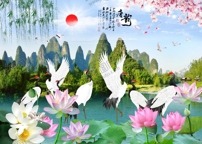 编号：76251003270304493699【酷图网】源文件下载-新中式荷花仙鹤背景墙