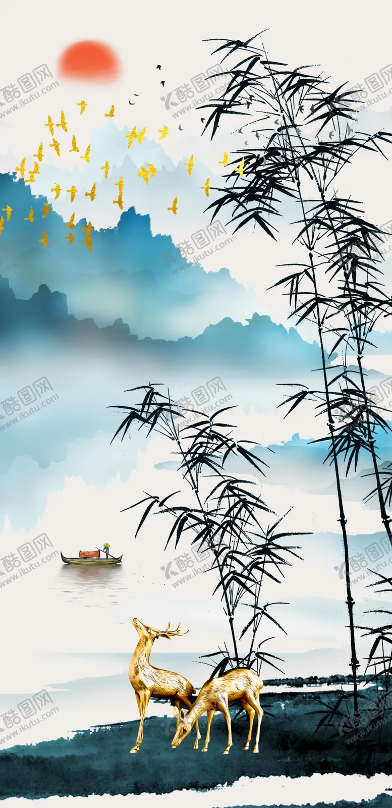 编号：86112303300702569348【酷图网】源文件下载-麋鹿玄关装饰画
