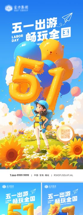 五一劳动节海报公历日出游插画地产