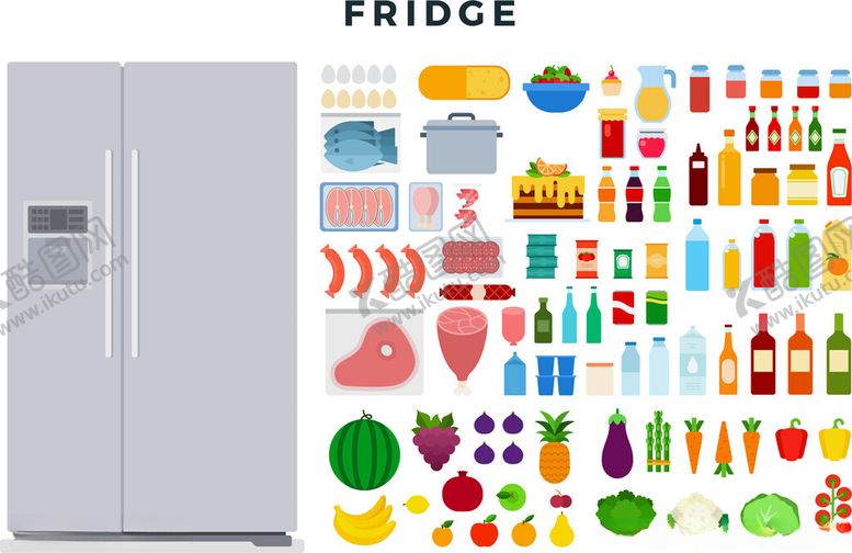 编号：14952811192223024212【酷图网】源文件下载-双开门冰箱与多彩食物贴纸