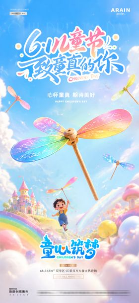 地产61儿童节竹蜻蜓梦幻海报