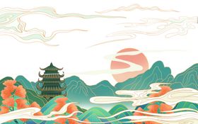 祥云山水国潮风景图片